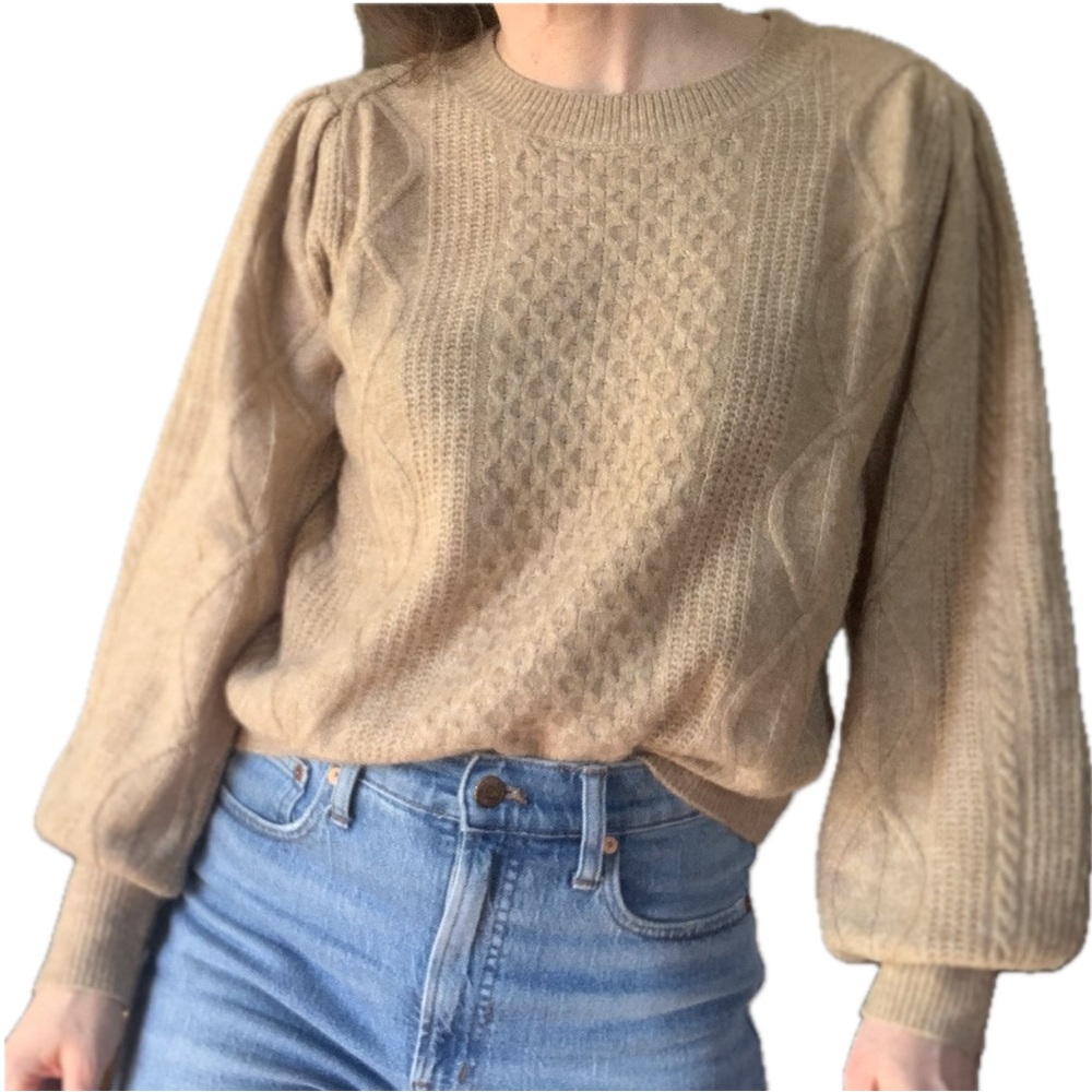 1. State Tan Crew Neck Sweater with Balloon Sleeves